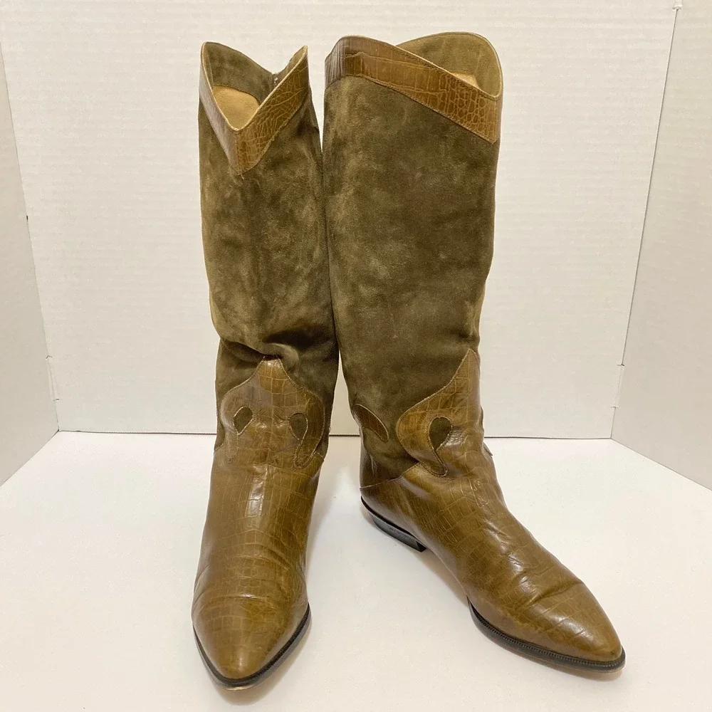 VTG 80s Bandolino Made in Italy Suede Croc Leather Westerncore Boots 9 Olive